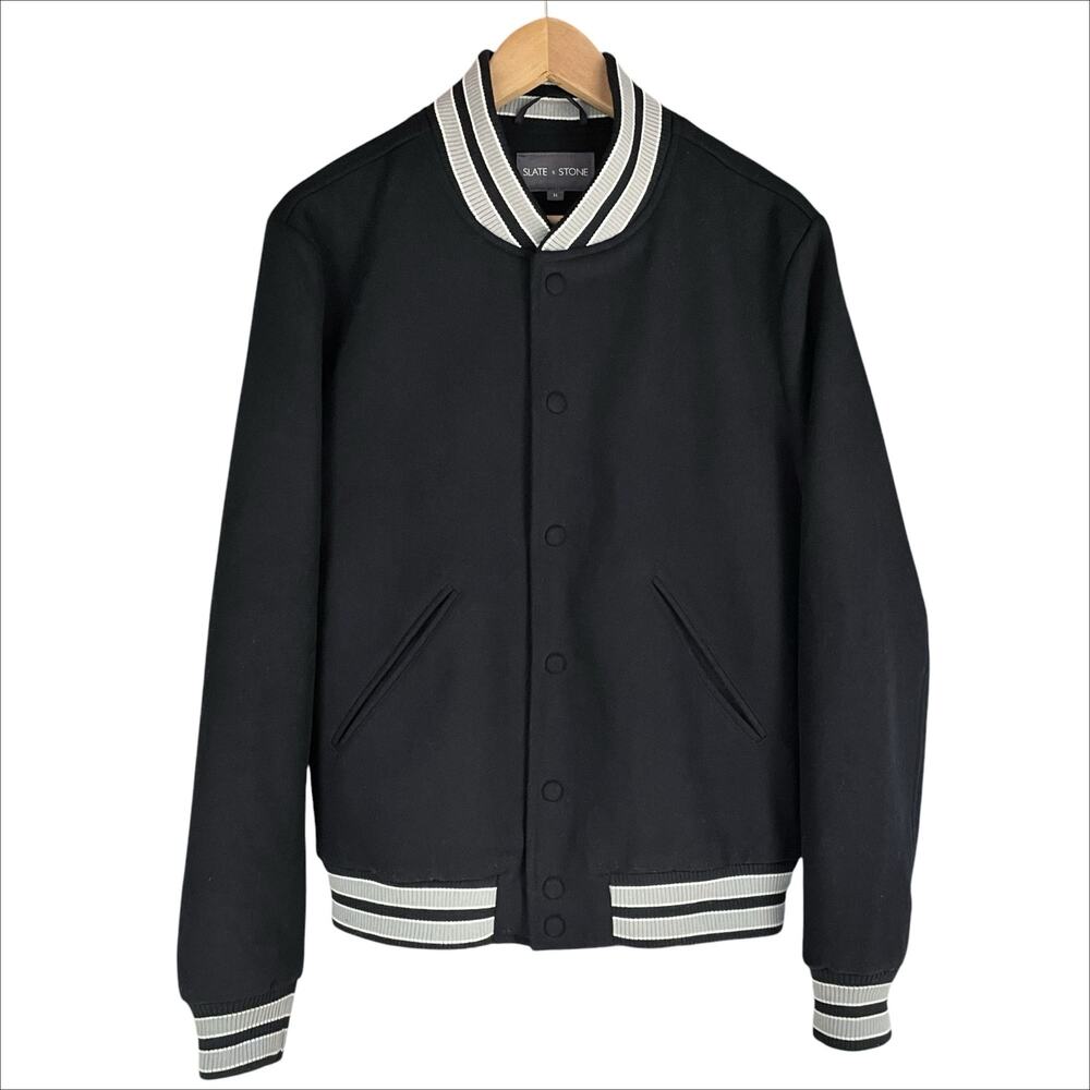 SLATE & STONE Men's Black Wool-Blend Varsity Jacket Striped Ribbed Trim Size M